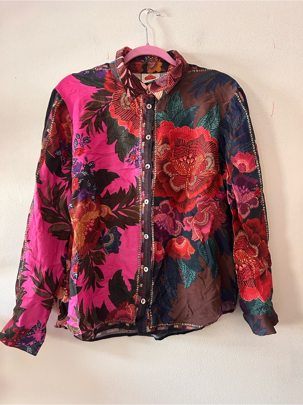 Farm rio Flower Scarves Long Sleeve Button Up Down Blouse Large